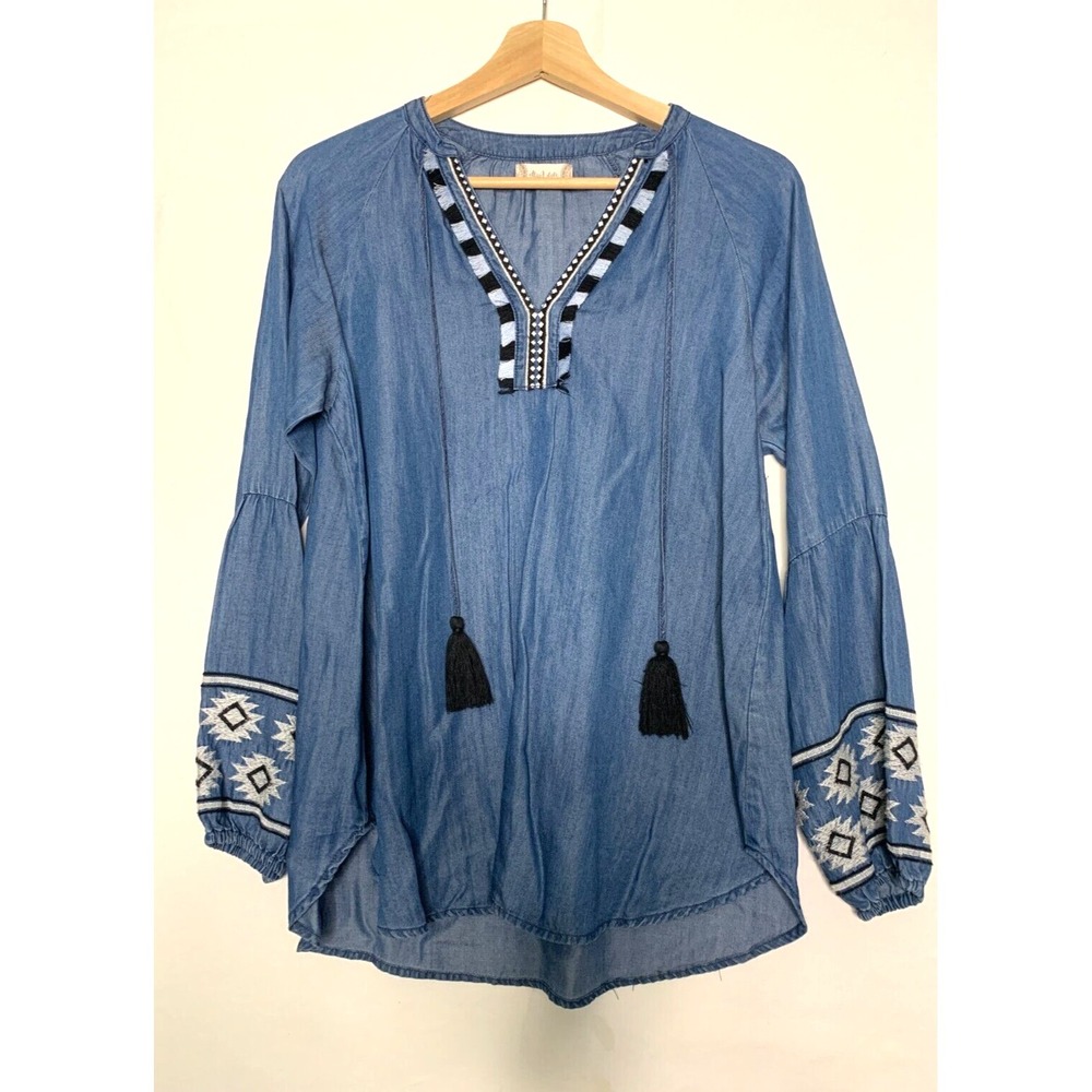 Altar'd State Embroidered Chambray Peasant Tunic Top Long Tassels Boho Hippie S